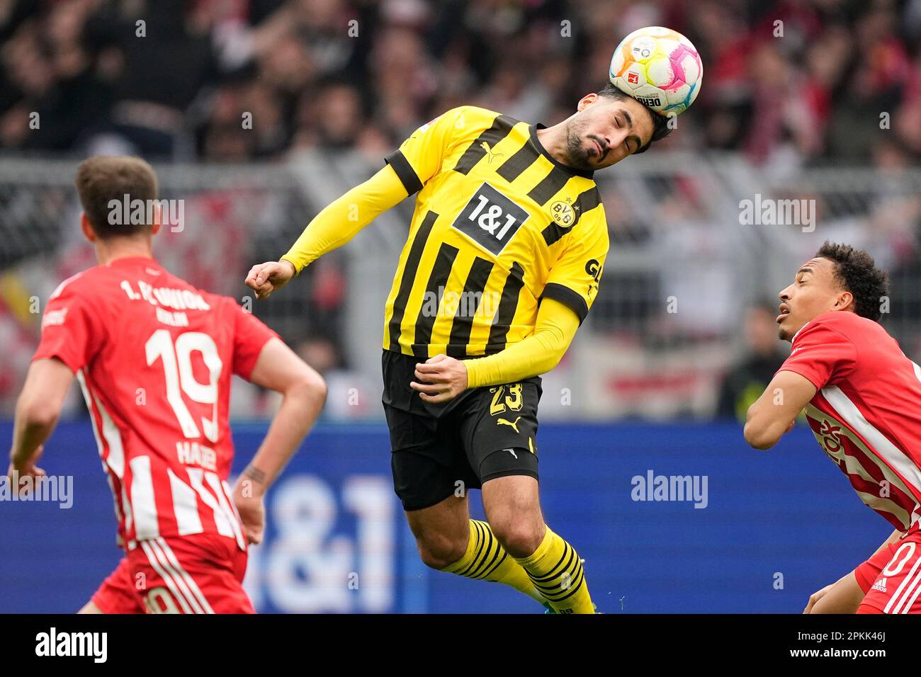 Dortmund's Emre Can heads the ball during the German Bundesliga soccer