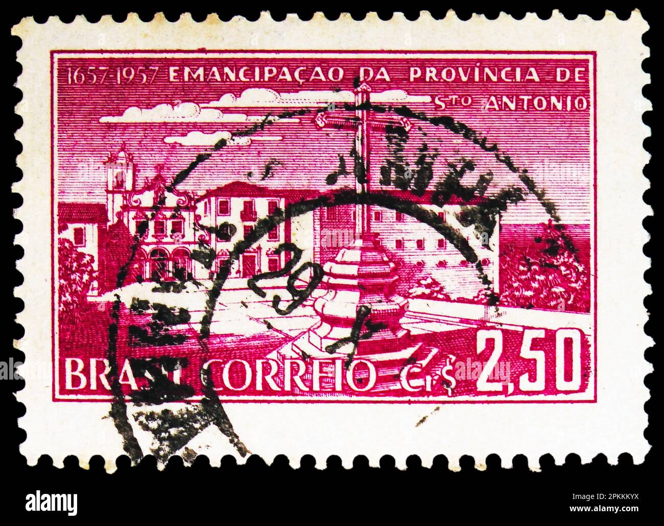 MOSKAU, RUSSLAND - 26. MÄRZ 2023: Briefmarken in Brasilien zeigen die Kirche Bonfim, Olinda, Pernambuco, den 300. Jahrestag der Emanzipation Stockfoto