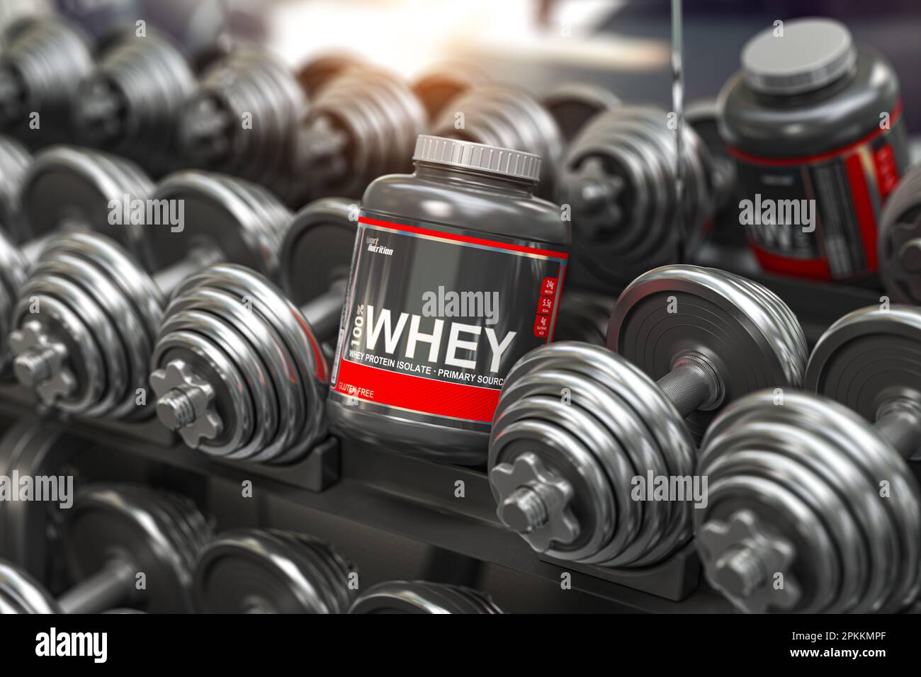 Molkenproteinpulver in einer Reihe von Kurzhanteln in einem Fitnessstudio. Sportliche Bodybuilding-Supplemente und Ernährung. 3D Abbildung Stockfoto
