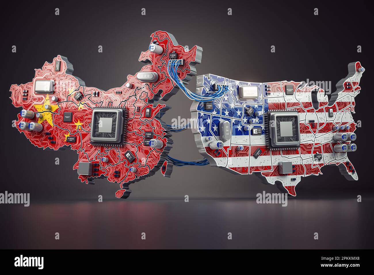 Halbleiter-Chip-Krieg zwischen den USA und China. Computer-Chips aus China und den USA in Flaggenfarben. 3D Abbildung Stockfoto