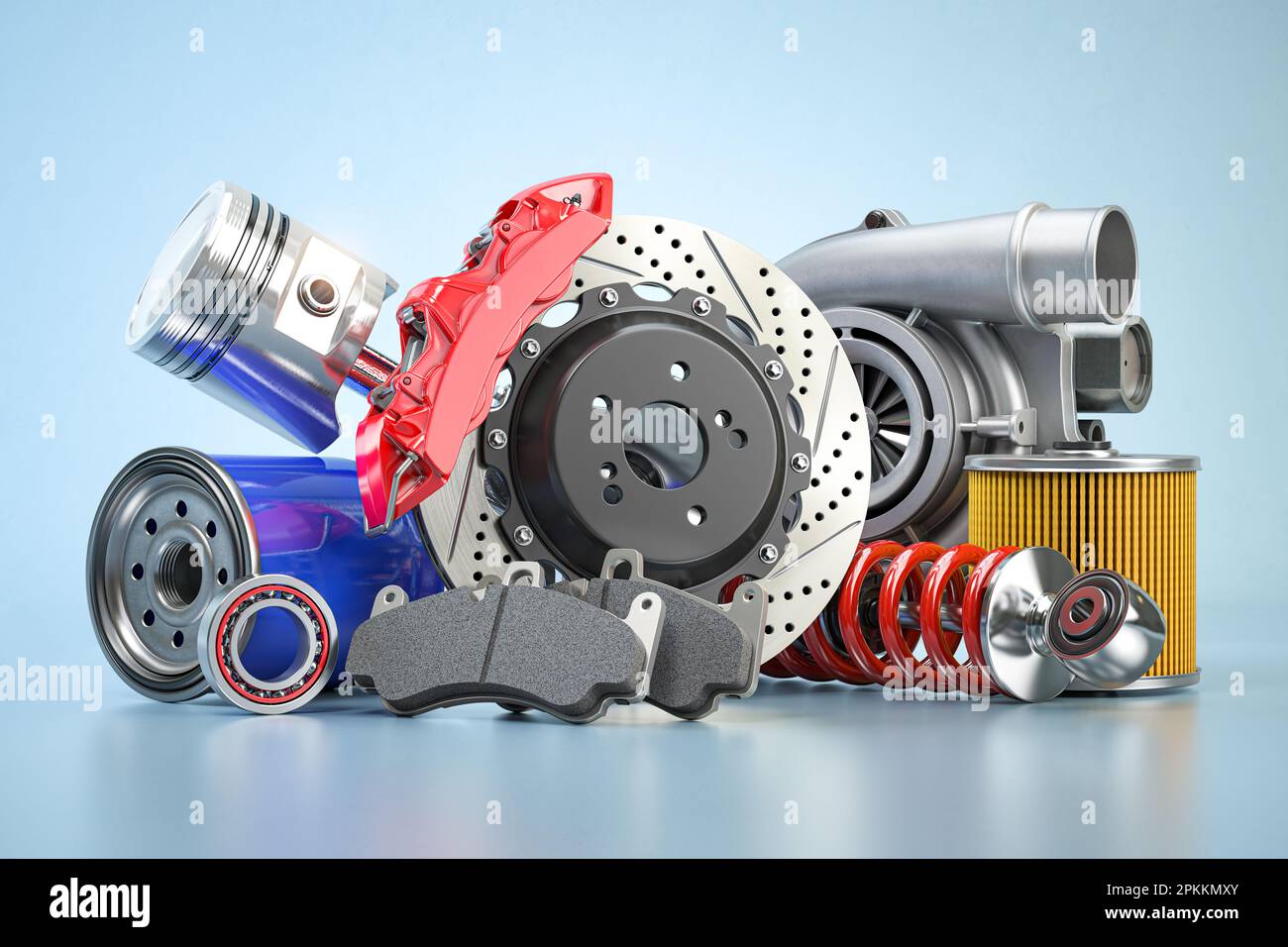 Autoteile oder Autoersatzteile. 3D Abbildung Stockfoto