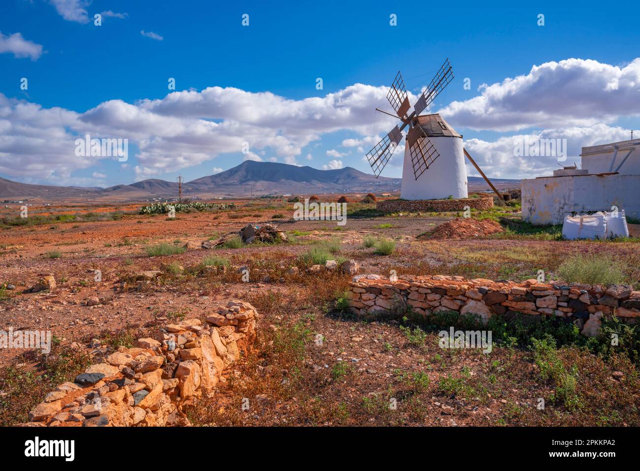 Blick auf die Windmühle in dramatischer Landschaft in der Nähe von La Matilla, Fuerteventura, Kanarischen Inseln, Spanien, Atlantik, Europa Stockfoto