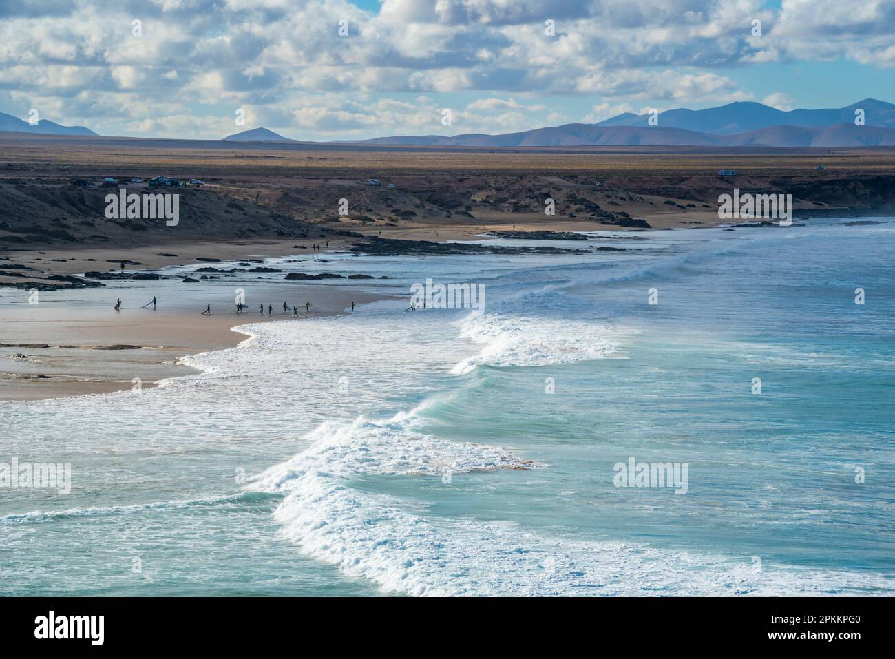 Blick auf die Küste und den Atlantischen Ozean an einem sonnigen Tag, El Cotillo, Fuerteventura, Kanarische Inseln, Spanien, Atlantik, Europa Stockfoto
