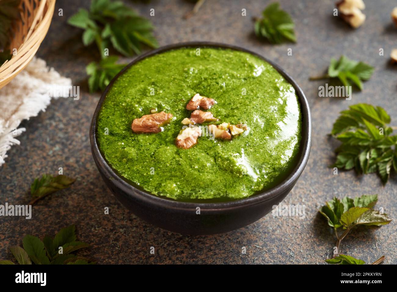 Grüne Pesto-Sauce aus jungen Goutweed- oder gemahlenen Altenblättern - im Frühjahr entnommene wilde essbare Pflanze Stockfoto