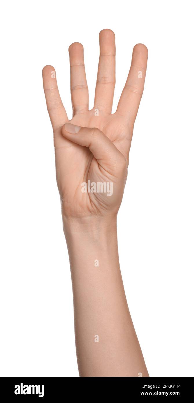 Frau zeigt vier Finger auf weißem Hintergrund, Nahaufnahme der Hand Stockfoto