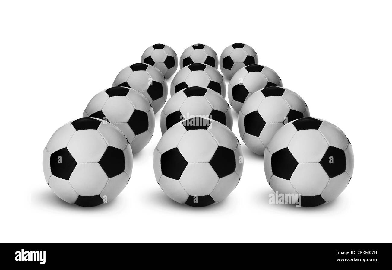 Set mit neuen Fußballbällen auf weißem Hintergrund Stockfoto
