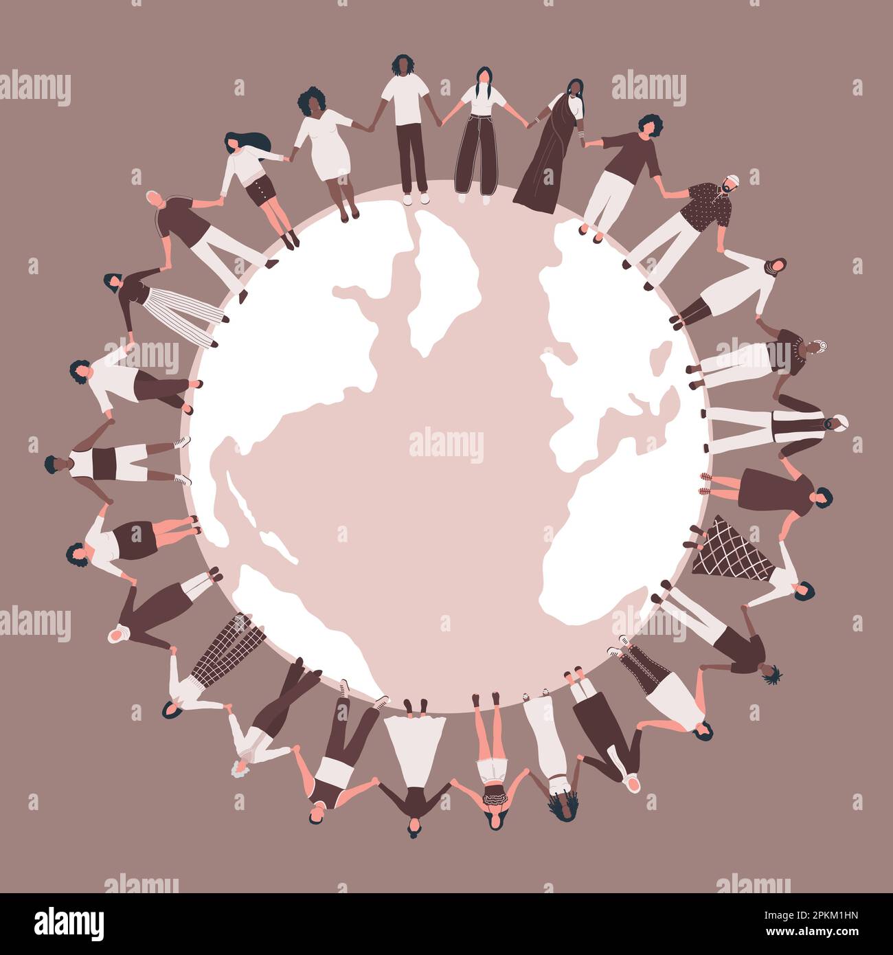 Große Gruppe von Menschen. Männer und Frauen halten Händchen, stehen um die Weltkarte. Multikulturelle Gruppe von Menschen. Vektordarstellung Stock Vektor