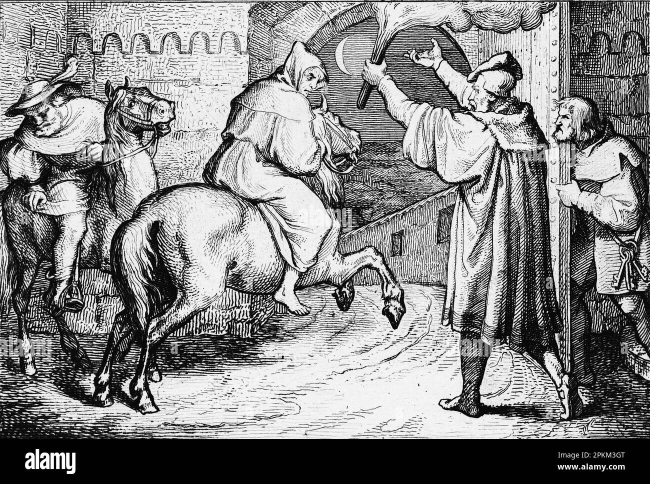 Martin Luther verlässt Augsburg bei Nacht auf dem Weg nach wittenberg, historische Illustration 1851 Stockfoto