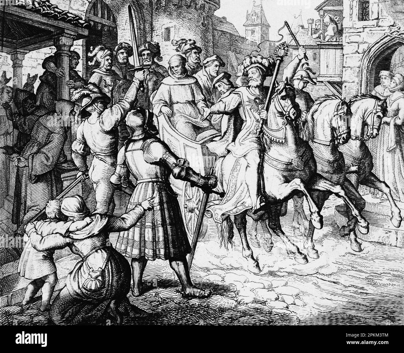 Martin Luthers triumphale Ankunft in der Stadt Worms im Jahr 1521, , historische Illustration 1851 Stockfoto