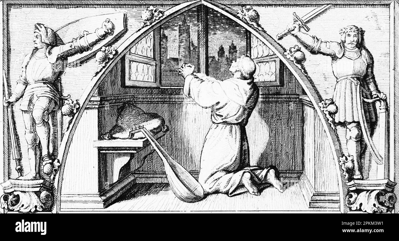 Martin Luther betet, bevor er Kaiser und Reich in Worms trifft, historische Illustration 1851 Stockfoto