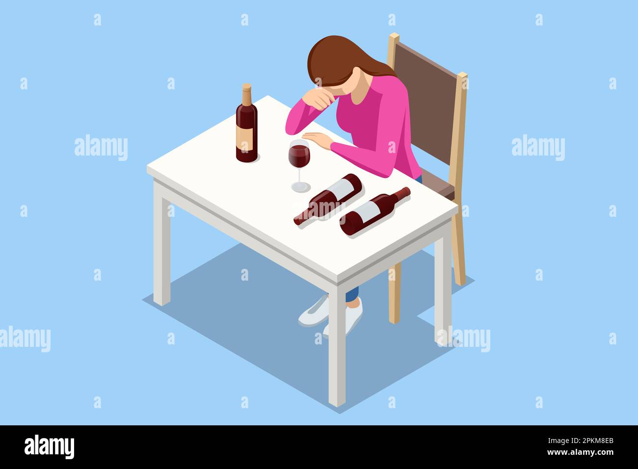 Isometrisches Alkoholsuchtkonzept. Depressive Frau mit Alkoholismus Stock Vektor