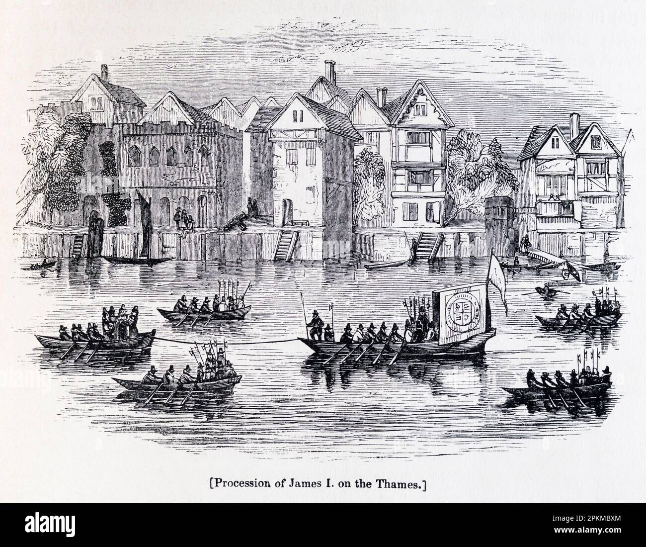 Gravur der Prozession von James I. auf der Themse aus dem 19. Jahrhundert. Stockfoto