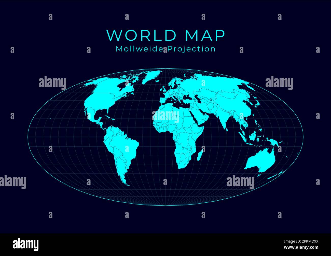 Karte der Welt. Gleichflächengleiche, pseudozylindrische Mollweide-Projektion. Futuristische Infografik-Weltillustration. Stock Vektor