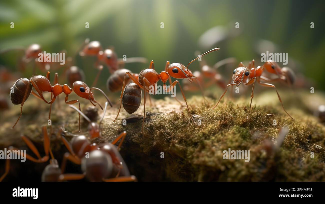 Rote Ameisen suchen Nahrung auf grünen Ästen. Arbeitsameisen gehen auf den Ästen, um das Nest im Wald zu schützen. Stockfoto