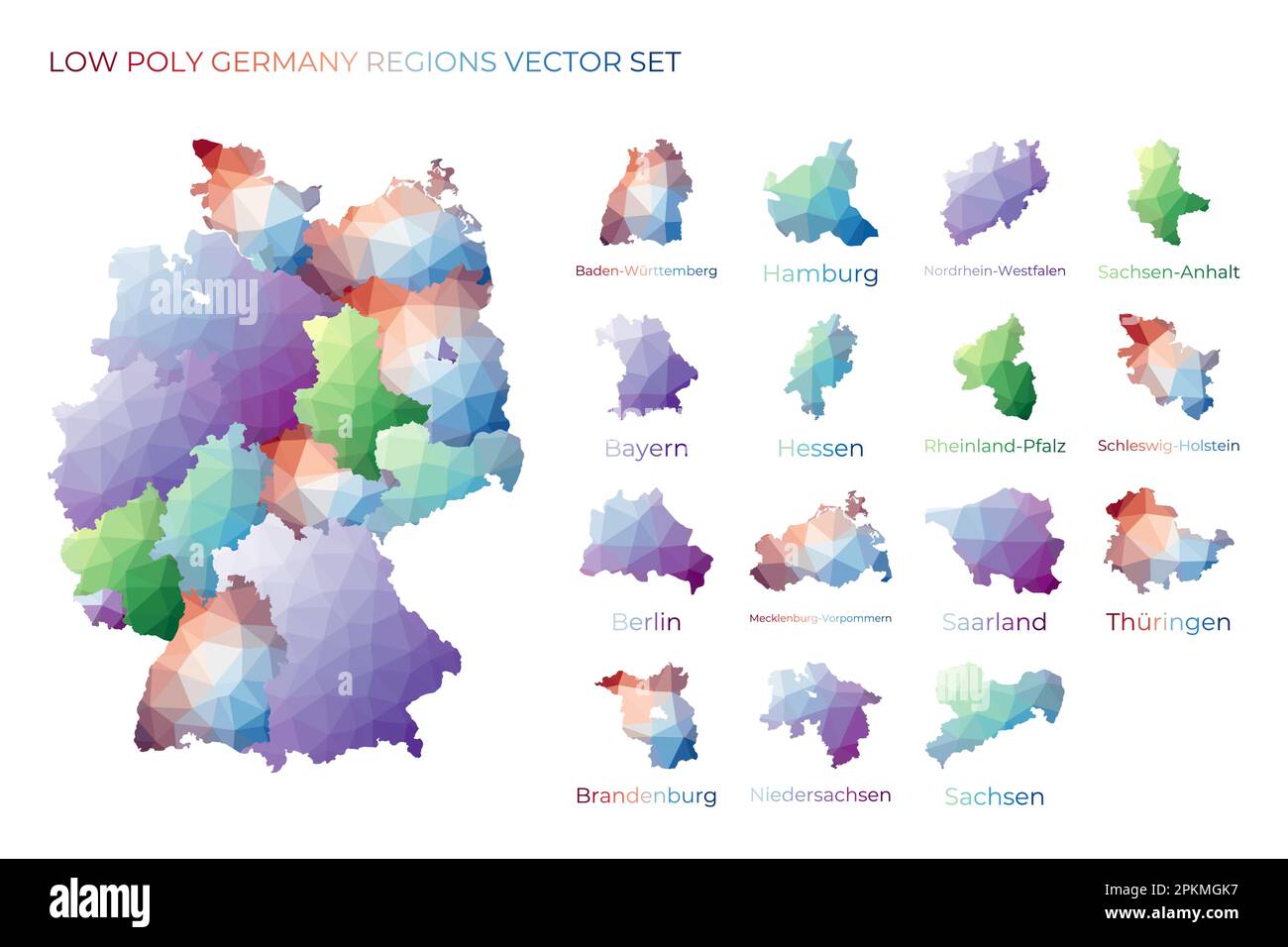 Deutsche Low-Poly-Regionen. Polygonale Karte Deutschlands mit Regionen. Geometrische Karten für Ihr Design. Ansprechende Vektordarstellung. Stock Vektor