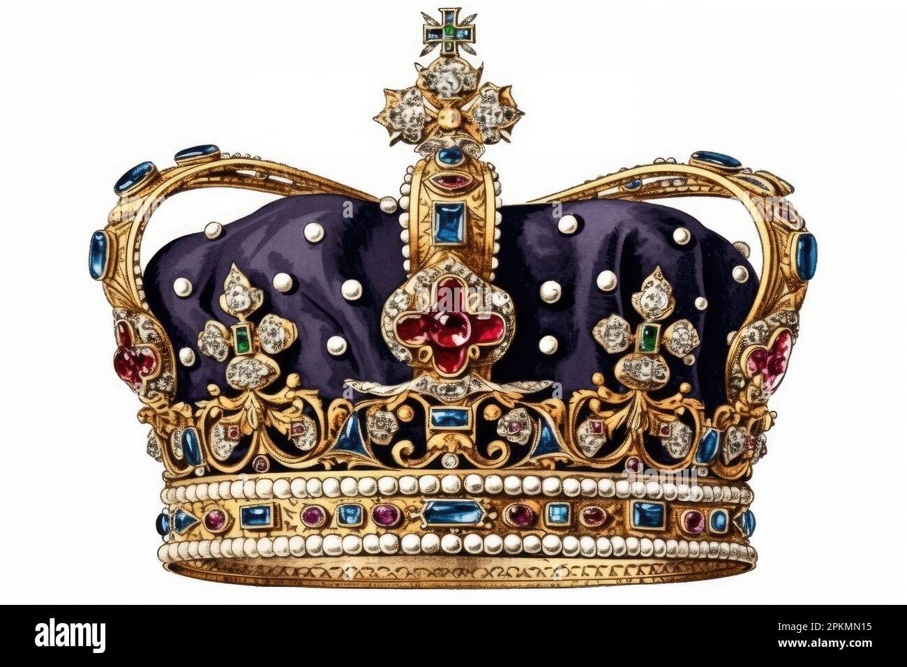 Kronjuwelen des Vereinigten Königreichs auf weißem Hintergrund. . Zeremonie zur Krönung des Königs Karl III Symbole der britischen Monarchie. Generativ Stockfoto