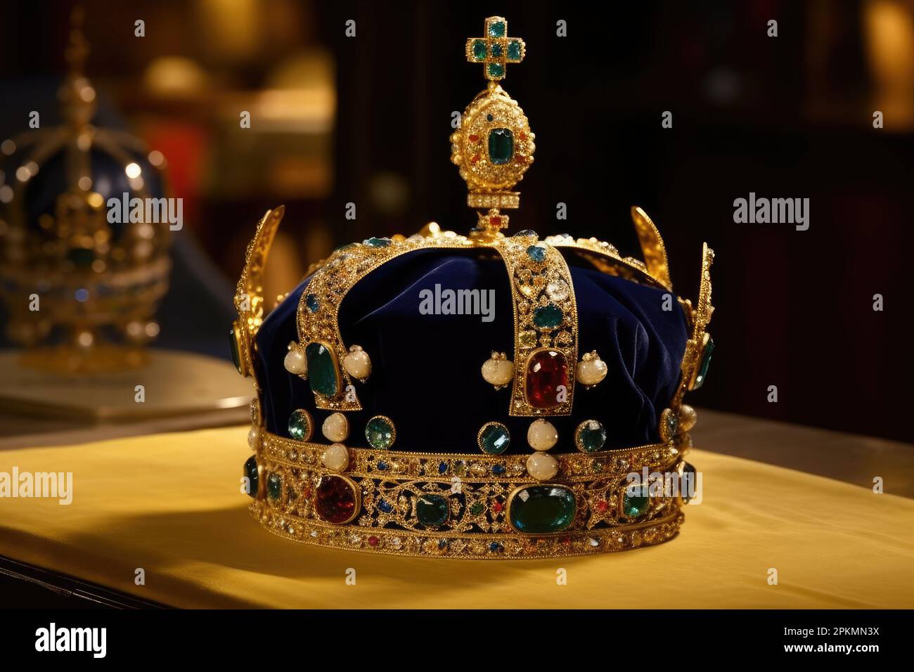 Königliche goldene Krone mit Juwelen auf dunklem Hintergrund. Symbole der britischen Monarchie. Zeremonie der Krönung des Königs Karl III. Gene Stockfoto