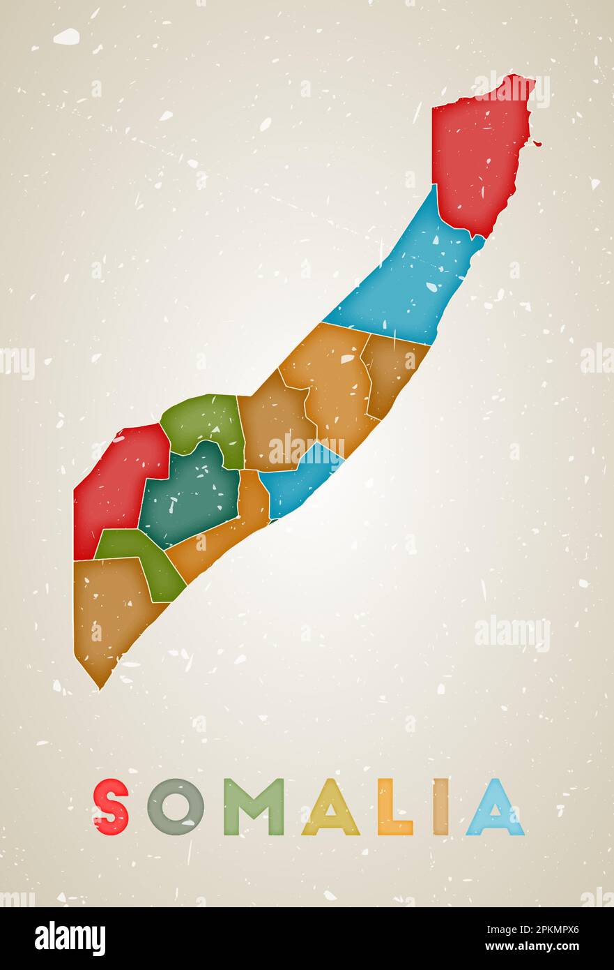 Karte Somalias. Länderposter mit farbigen Bereichen. Alte Grunge-Textur. Vektordarstellung von Somalia mit Ländernamen. Stock Vektor