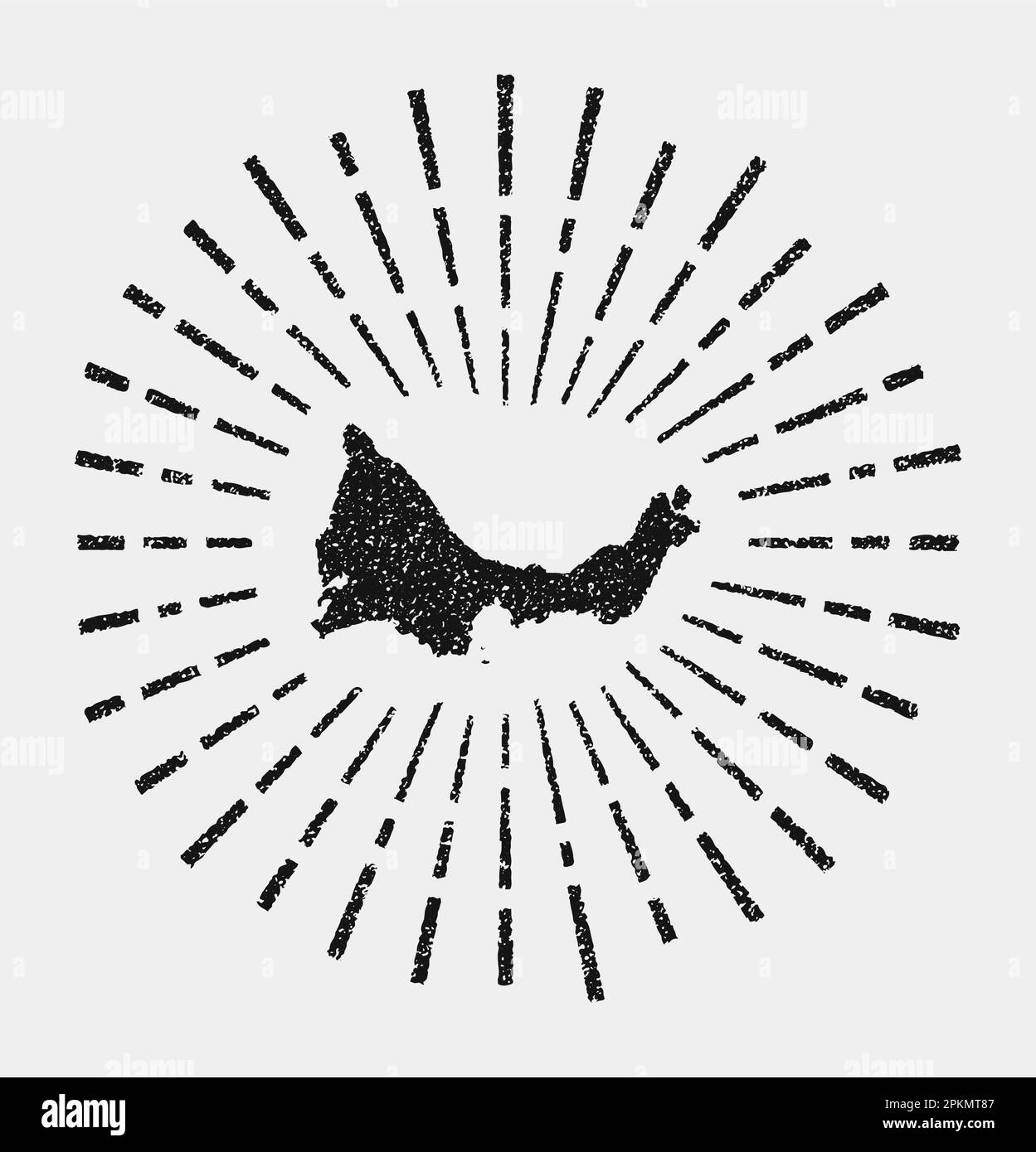 Klassische Karte der Providenciales. Grunge-Sonnenaufgang rund um die Insel. Schwarze Providenciales-Form mit Sonnenstrahlen auf weißem Hintergrund. Vektordarstellung. Stock Vektor