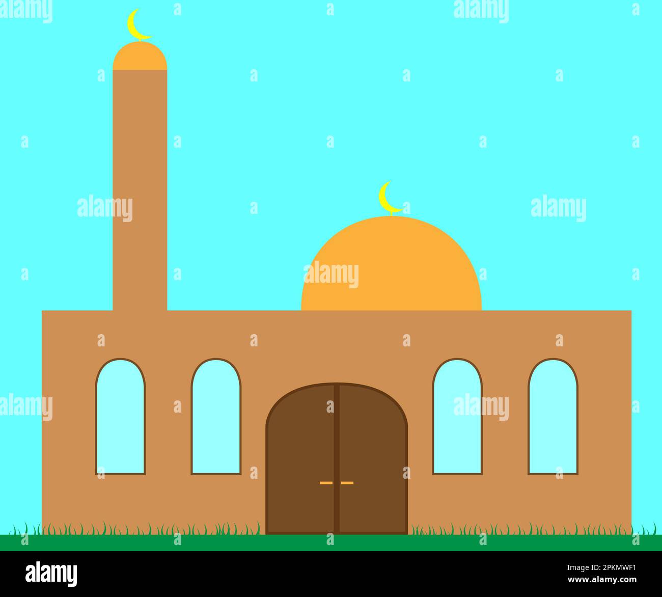 Masjid, Moschee, braune Wände und orangefarbene Kuppel und gelber Halbmond, muslimischer Gottesdienst, Masjid-Illustration, religiöses Gebäude Stockfoto
