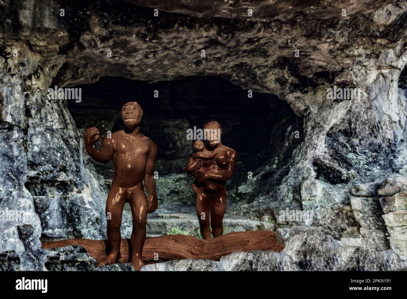 Diese australopithecus-Familie ist ein alter Satz von Miniaturen (1988) aus der Carnegie-Safari-Sammlung. Stockfoto