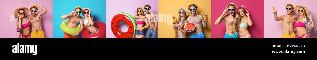 Collage mit wunderschönen Fotos, die zum Thema Sommerparty und Urlaub passen. Glückliche junge Paare, die Strandbekleidung mit verschiedenfarbigem Hintergrund und Bannerdesign tragen Stockfoto