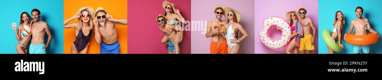 Collage mit wunderschönen Fotos, die zum Thema Sommerparty und Urlaub passen. Glückliche junge Paare, die Badeanzüge in verschiedenen Farben tragen, mit Bannerdesign Stockfoto