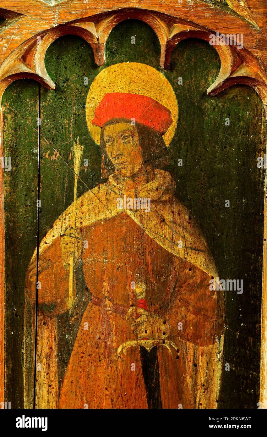 St. Sebastian, heiliger, Märtyrer, Leinwand-Malerei, c.1500, Hold Sword and Arrow, North Tuddenham, Norfolk, England, Vereinigtes Königreich Stockfoto