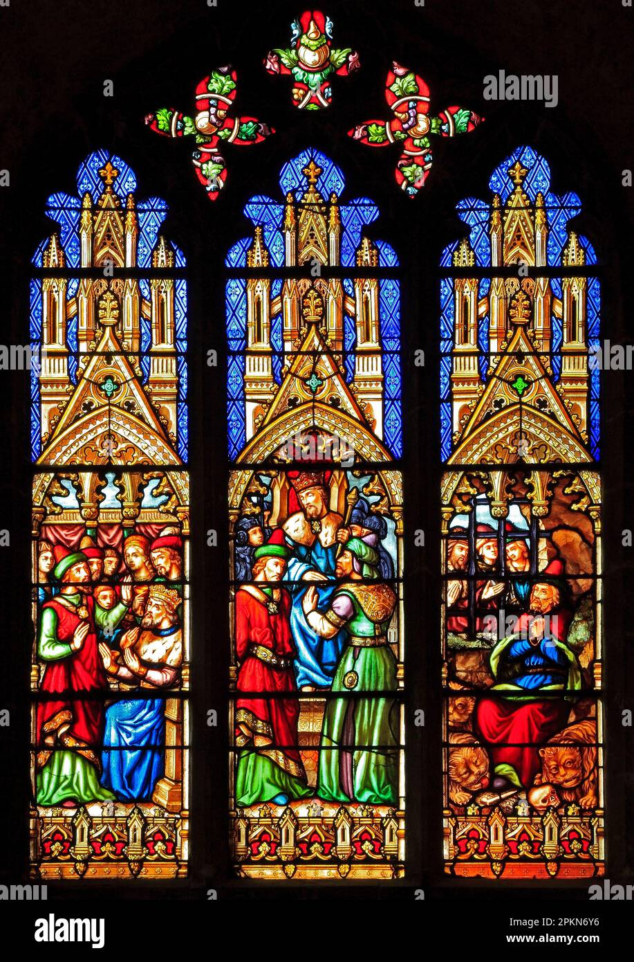 Buntglasfenster, Story of Daniel, mit König Darius, und im Löwenhäuschen, von Lusson von Paris, Ely Cathedral, Mitte des 19. Jahrhunderts. Stockfoto