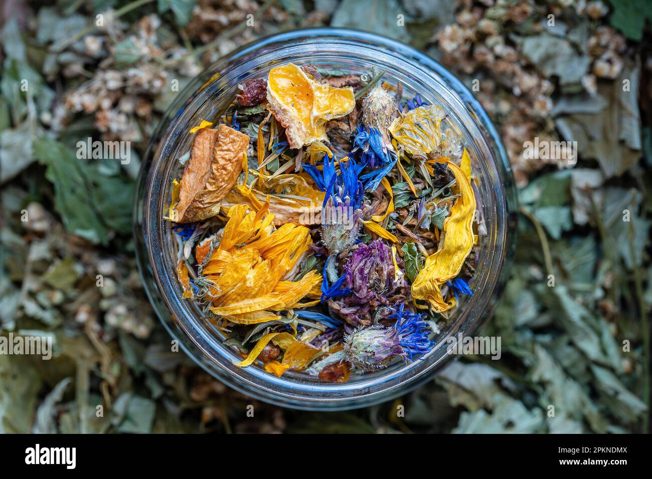 Trockene Blüten- und Kräuterteeblätter in einem Glasgefäß. Kräutersammlung aus Kamille, Maisblume, Minze, Sanddorn, Zitronengras, Wilde Rose, getrocknete Zitrusfrüchte Stockfoto