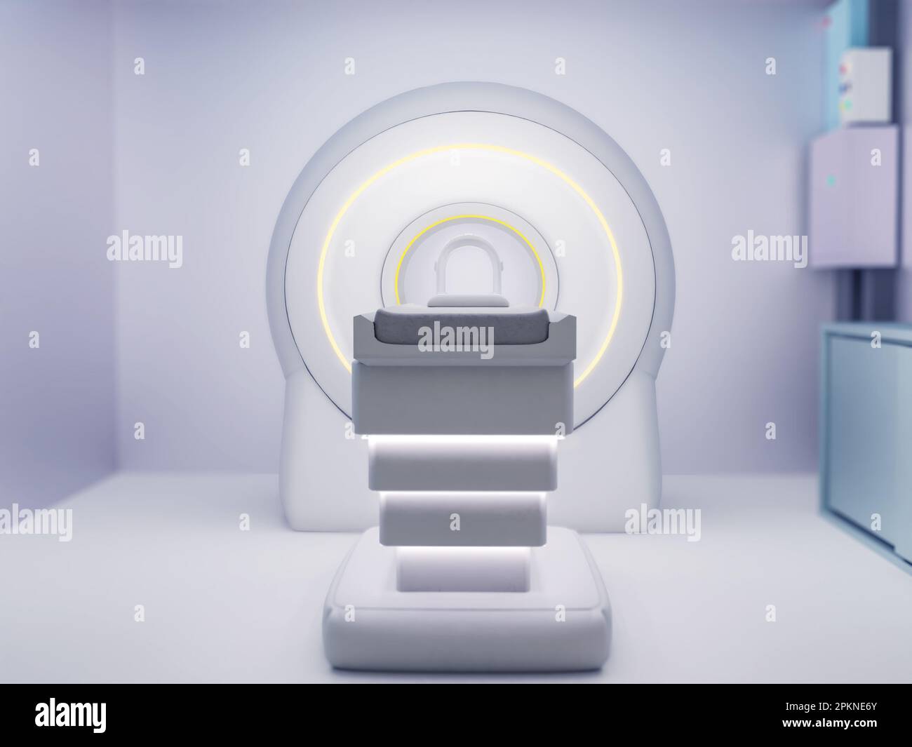 MRT-SCANNER 3D- Magnetresonanz-Bildgebungsgerät im Krankenhaus 3D-Rendering. Medizinische Geräte und Gesundheitswesen Stockfoto