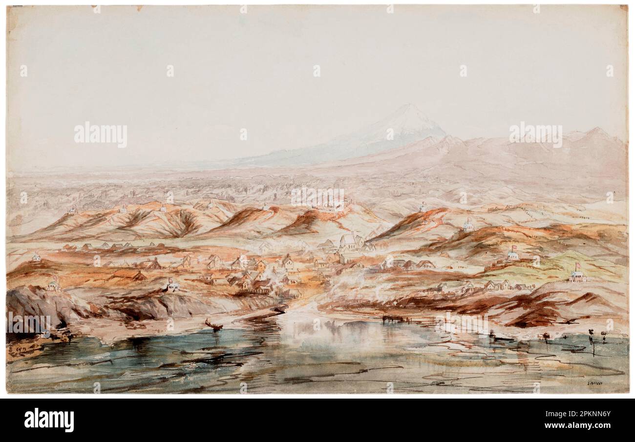 Aquarell von New Plymouth, Neuseeland, von John Gull, 1860, kurz vor dem Ausbruch der Maori-Landkriege. Dieses Bild wurde im Vereinigten Königreich veröffentlicht und wurde bis 1875 zur einzigen Ansicht Neuseelands, die in einer britischen Parlamentarierarbeit zu finden war. Der große Aufruhr im Zentrum ist die Marsland Hill Barracks, die im März 1856 auf dem Gipfel von Pukaka Pā errichtet wurde. Zu Beginn der Taranaki-Kriege war Marsland Hill das Herz eines Grabensystems, das das Zentrum der Stadt umfasste, und ein Marinecamp, das den Landeplatz des Surfboots am Puke Ariki befehligte. Stockfoto