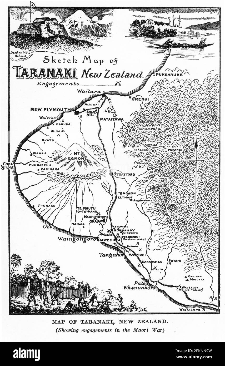 Skizzieren Sie die Karte von Taranaki während der Maori-Landkriege der 1860 Jahre Stockfoto