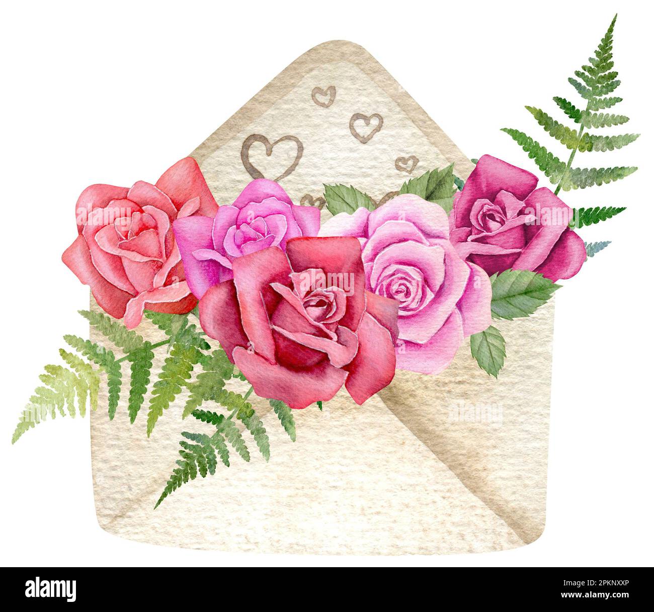 Aquarell Rosa und Farnstrauß. Blumen in einem Papierumschlag mit Herzen Stockfoto