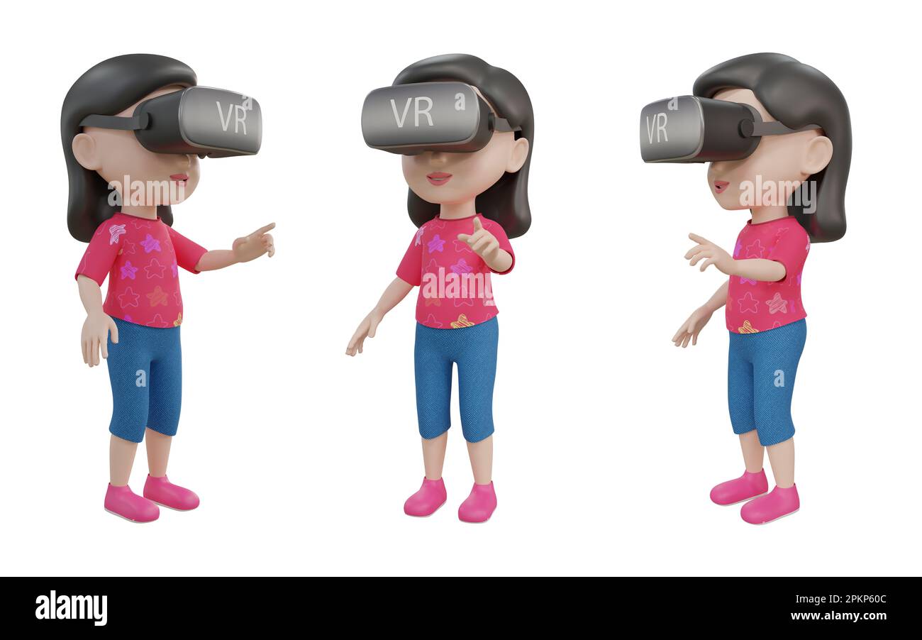 3D gerendertes Bild eines Cartoon-Mädchens, das ein Virtual-Reality-Headset in verschiedenen Winkeln trägt Stockfoto