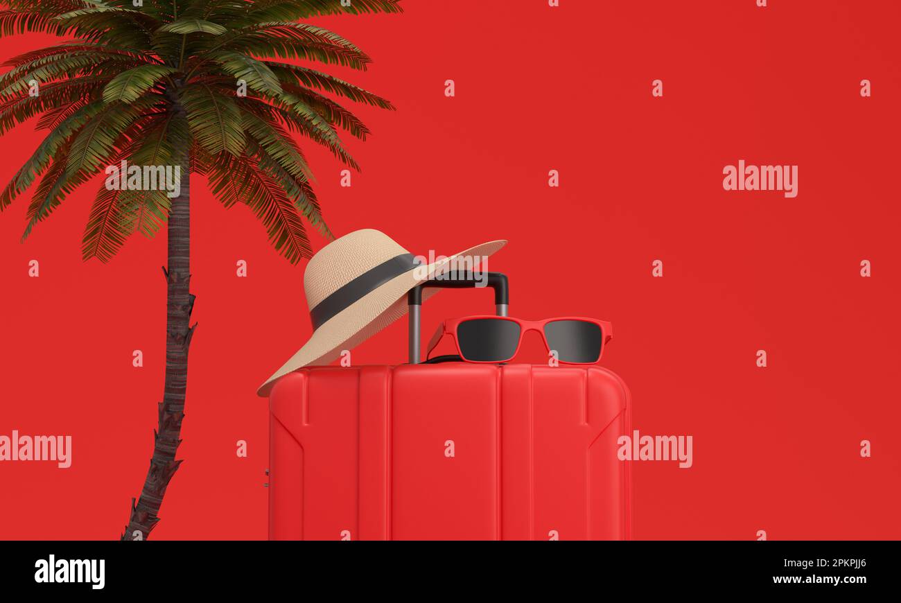 Roter Koffer, Palme, Hut und Sonnenbrille auf rotem Hintergrund. Urlaub am Strand. 3D-Rendering. Stockfoto