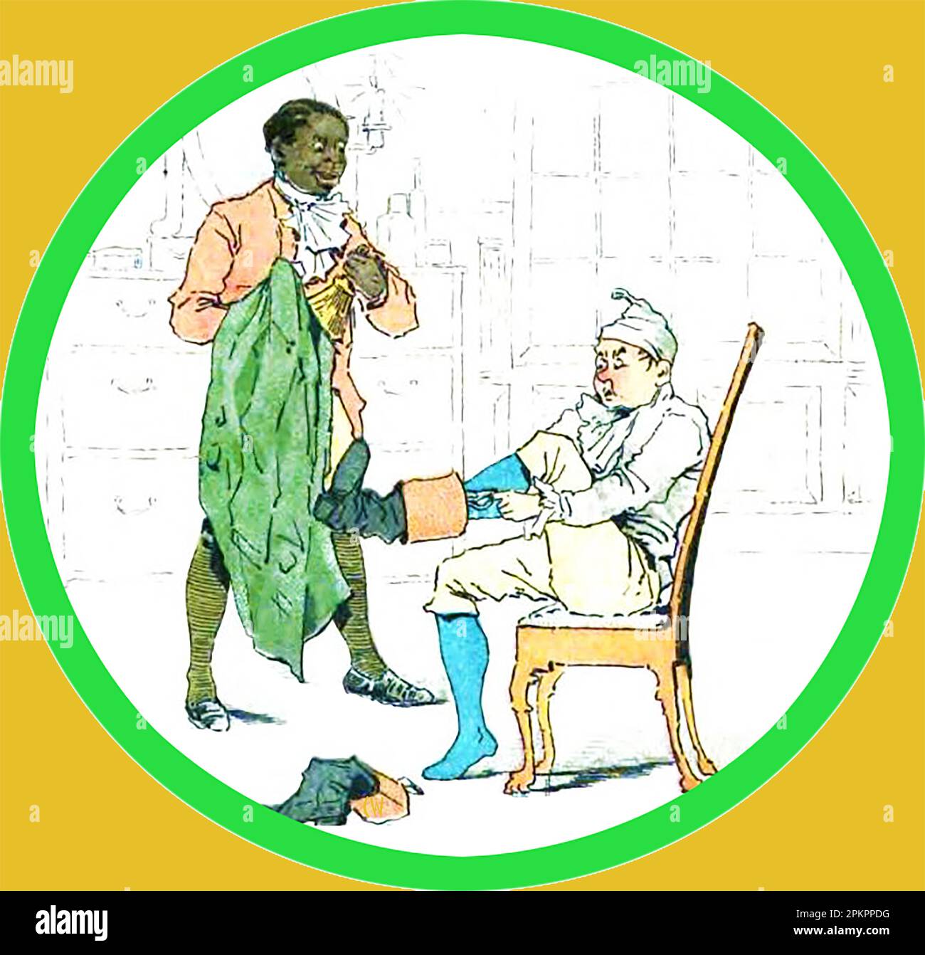 Ein ungewöhnliches farbiges Bild aus dem 19. Jahrhundert, das einen Sklaven zeigt, der auf einer ausländischen Auktion gekauft wurde und als Gentleman arbeitet, der seinem Meister beim Anziehen hilft. Stockfoto