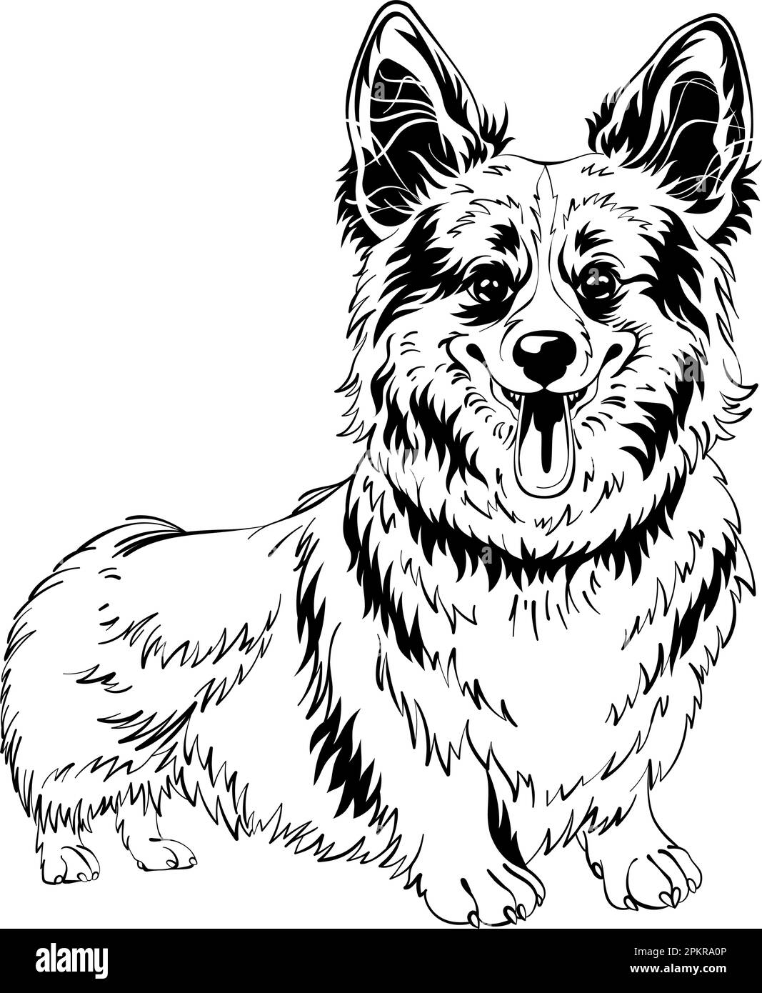 Schwarzweiß-Skizze des Hundes Welsh Corgi, der bleibt und lächelt Stock Vektor