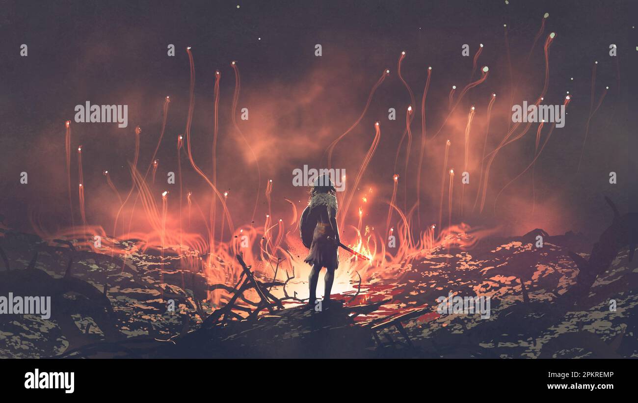 Eine Kriegerin, die auf dem Boden des Feuers steht und die Geister im Himmel schweben sieht, digitale Kunst, Illustrationsmalerei Stockfoto