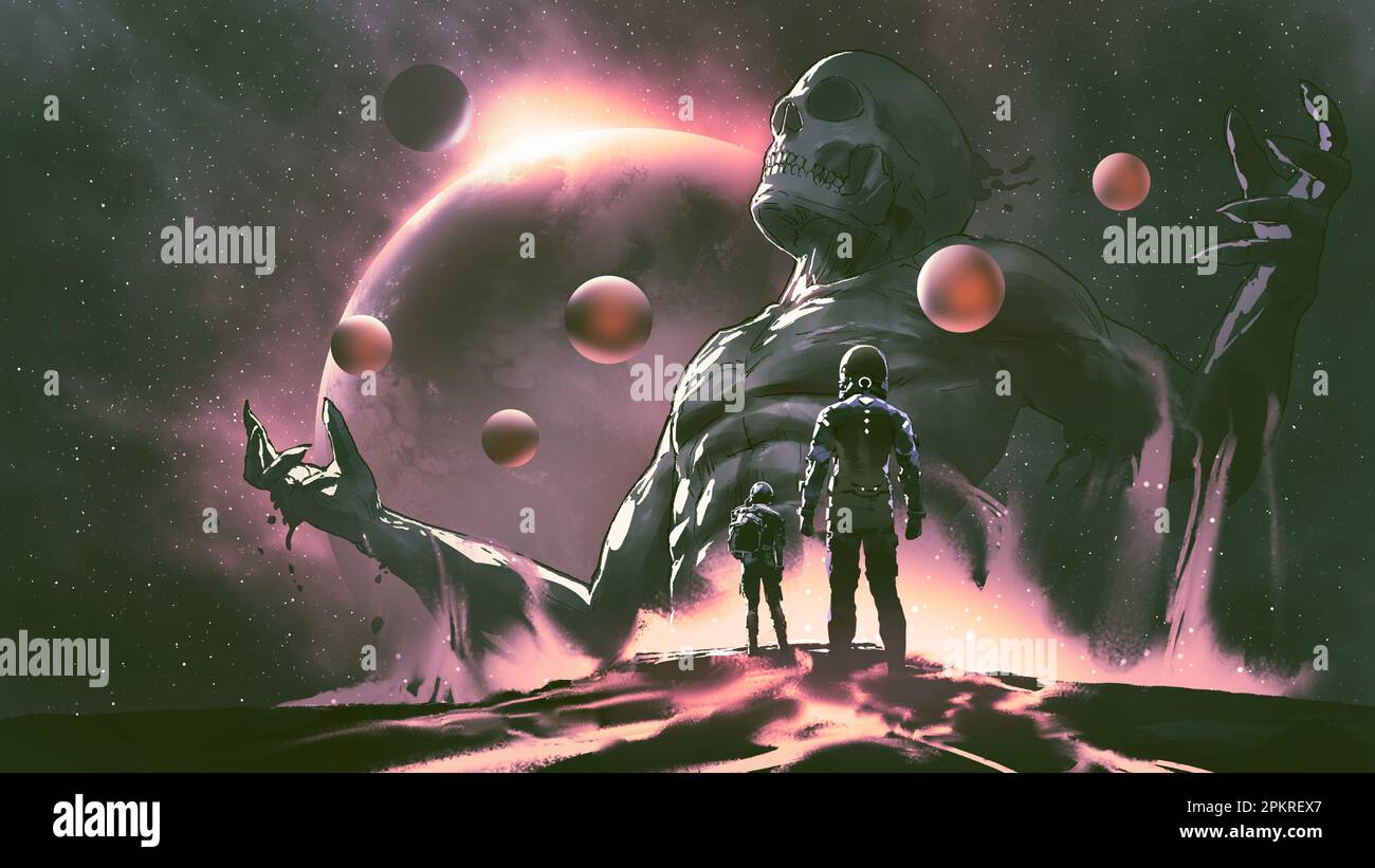 Zwei Astronauten stehen auf dem Planeten und sehen einen riesigen Aufstieg vom Boden, digitale Kunst, Illustrationsmalerei Stockfoto