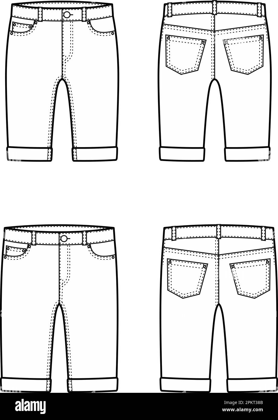 Denimshorts für Herren und Damen. Mode-CAD. Stock Vektor