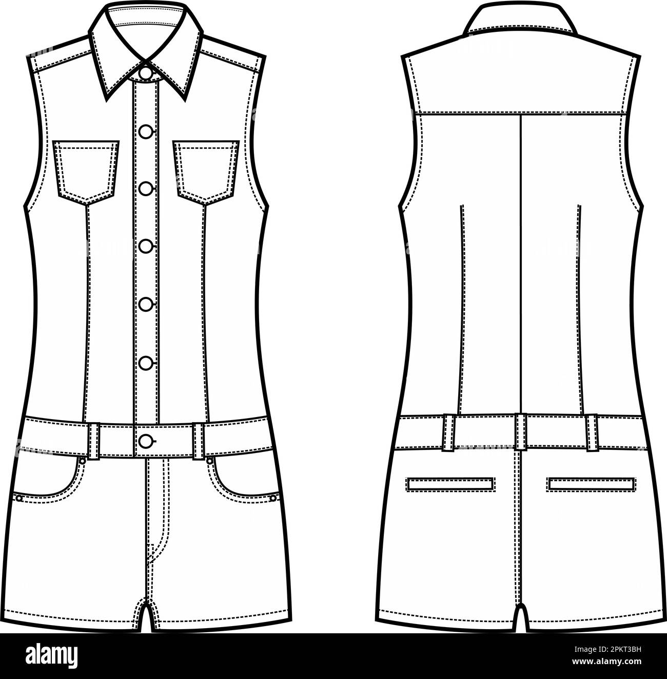 Denim-Overall-Shorts für Damen. Mode-CAD. Stock Vektor