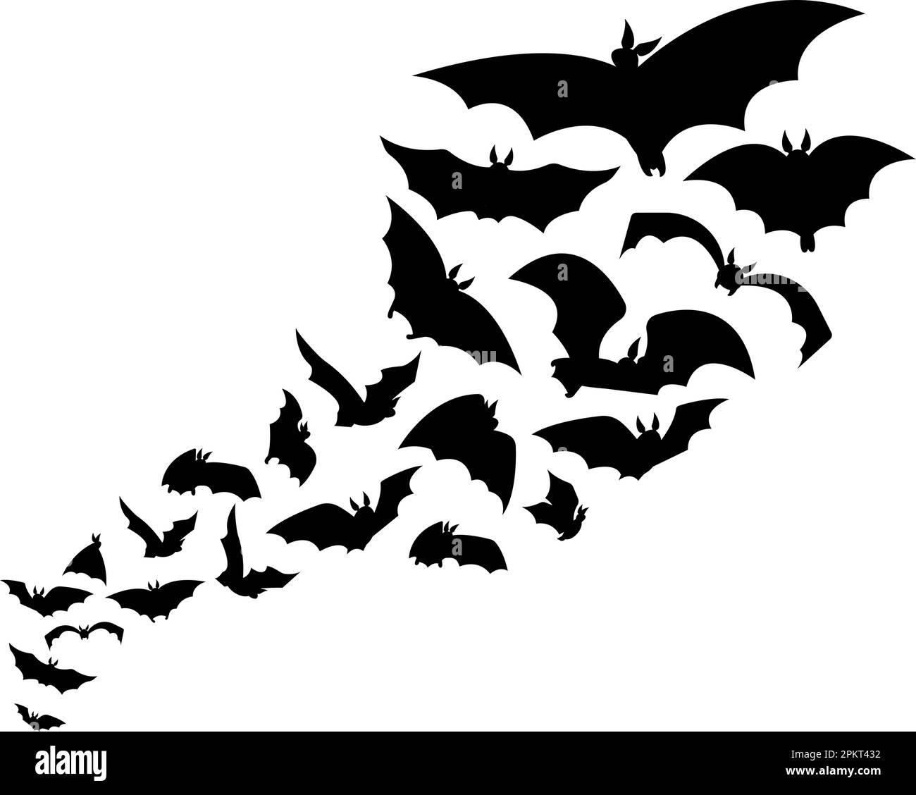 Halloween fliegende Schwarm Fledermäuse, gruselige Grafik mit Horrorsilhouette. Tiervampire, isolierte, schwarze, gotische, gruselige Kreatur. Mystischer Nachtvektor Stock Vektor