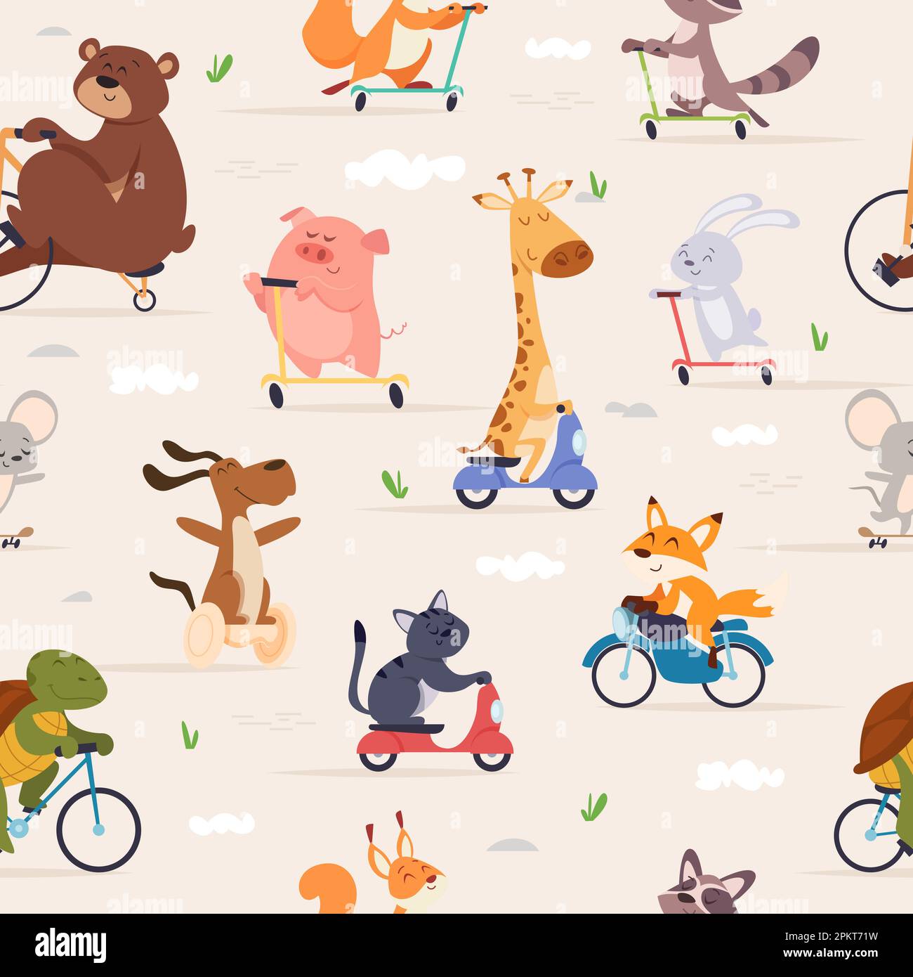 Tierreiter-Muster. Tiere, die auf Fahrrädern und Rollern auf der Straße skaten, exakter Vektor nahtloser Hintergrund Stock Vektor