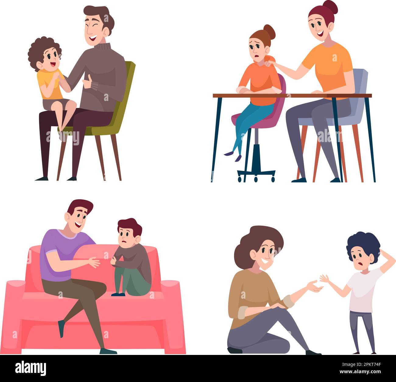 Eltern reden. Vater und Mutter unterhalten sich mit Kindern... exakte Vektorgrafiken Vorlagen Bilder Stock Vektor