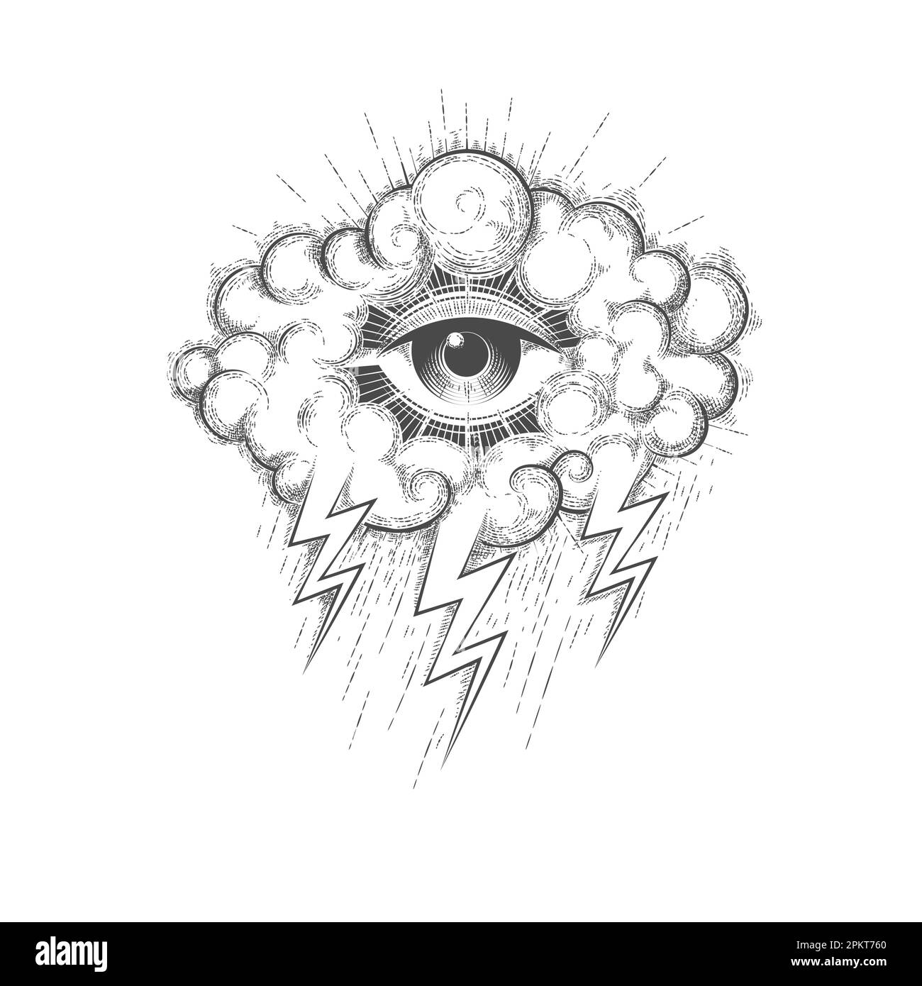 Tattoo des Allsehenden Auges in einer Wolke mit isolierten Lichtern auf weißem Hintergrund. Vektordarstellung. Stock Vektor