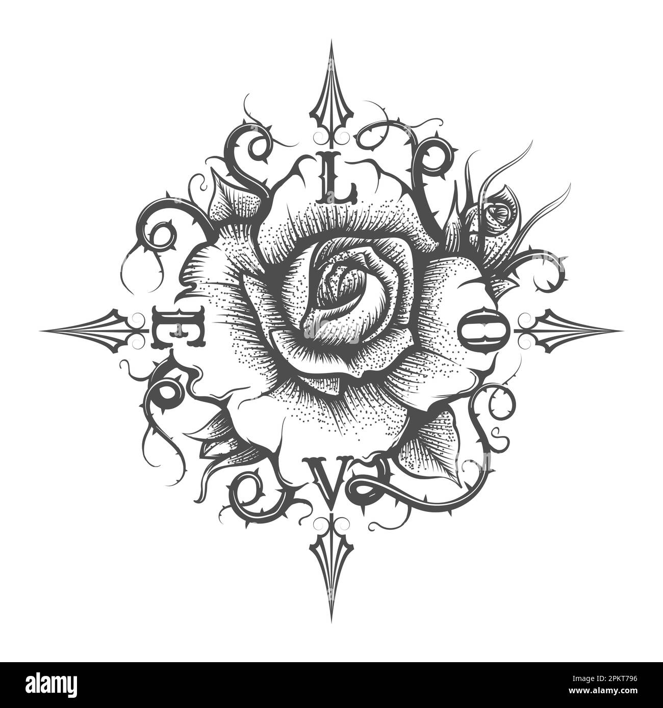 Ein Tattoo von Rosenblume mit Dornen und Buchstaben, isoliert auf weißem Hintergrund. Vektordarstellung. Stock Vektor