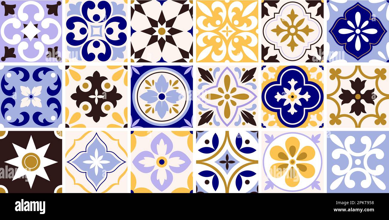 Traditionelle spanische Keramikfliesen. Portugiesische Motive, lissabonner Farbfliesen. Küchenmosaik, farbenfrohes Dekorationsmuster, gewagtes Vektordesign Stock Vektor