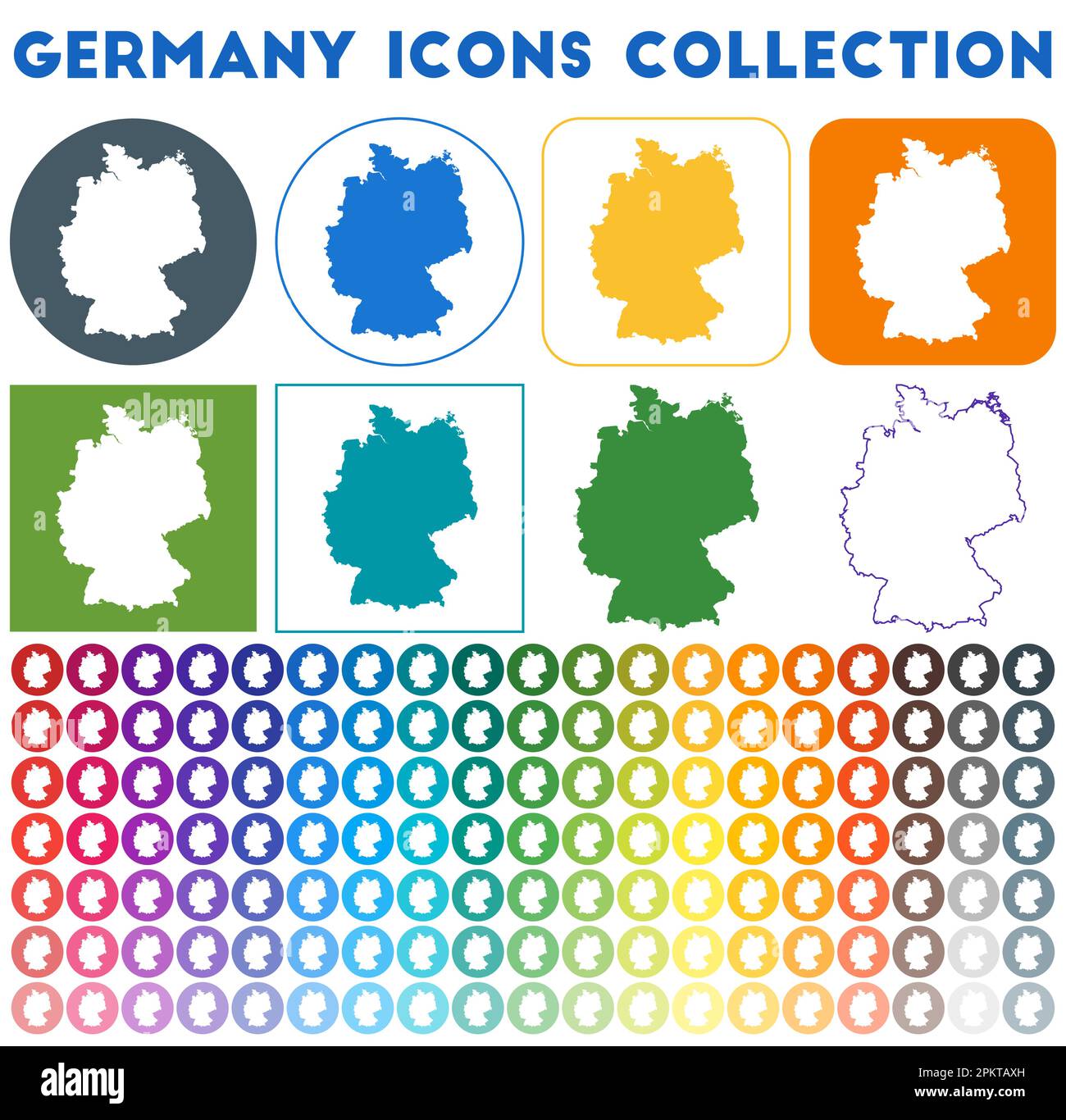 Kollektion der deutschen Ikonen. Bunte, trendige Kartensymbole. Modernes deutsches Abzeichen mit Landkarte. Vektordarstellung. Stock Vektor