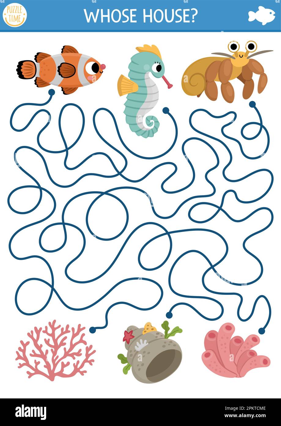 Unter dem Meereslabyrinth für Kinder mit Clownfischen, Seepferdchen, Einsiedlerkrebsen und ihren Häusern. Im Vorschulalter ausdruckbare Aktivität mit Korallen, Seeanemone, Muschel Stock Vektor